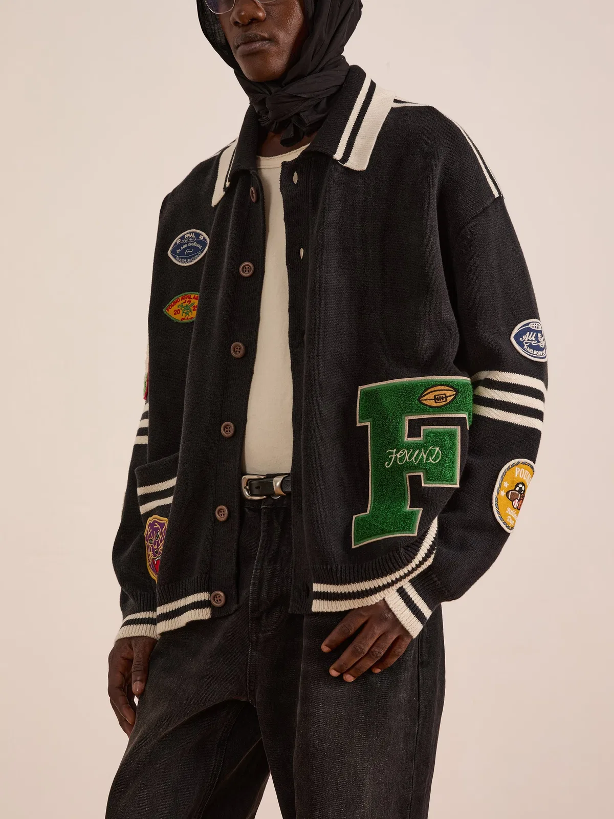 Found Varsity Patch Collared Cardigan In Black