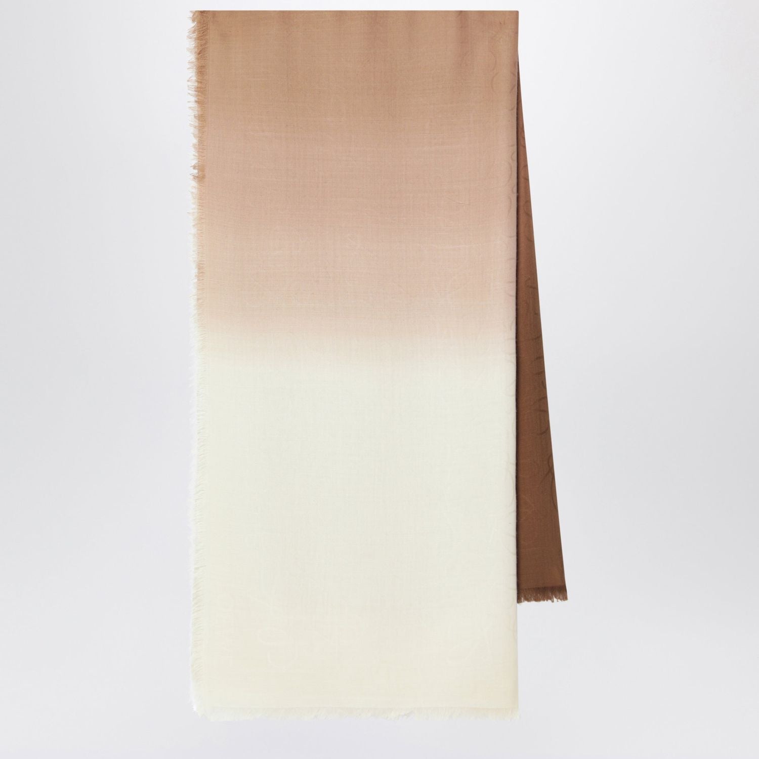 Beige Wool And Silk Jacquard Scarf With Fringe