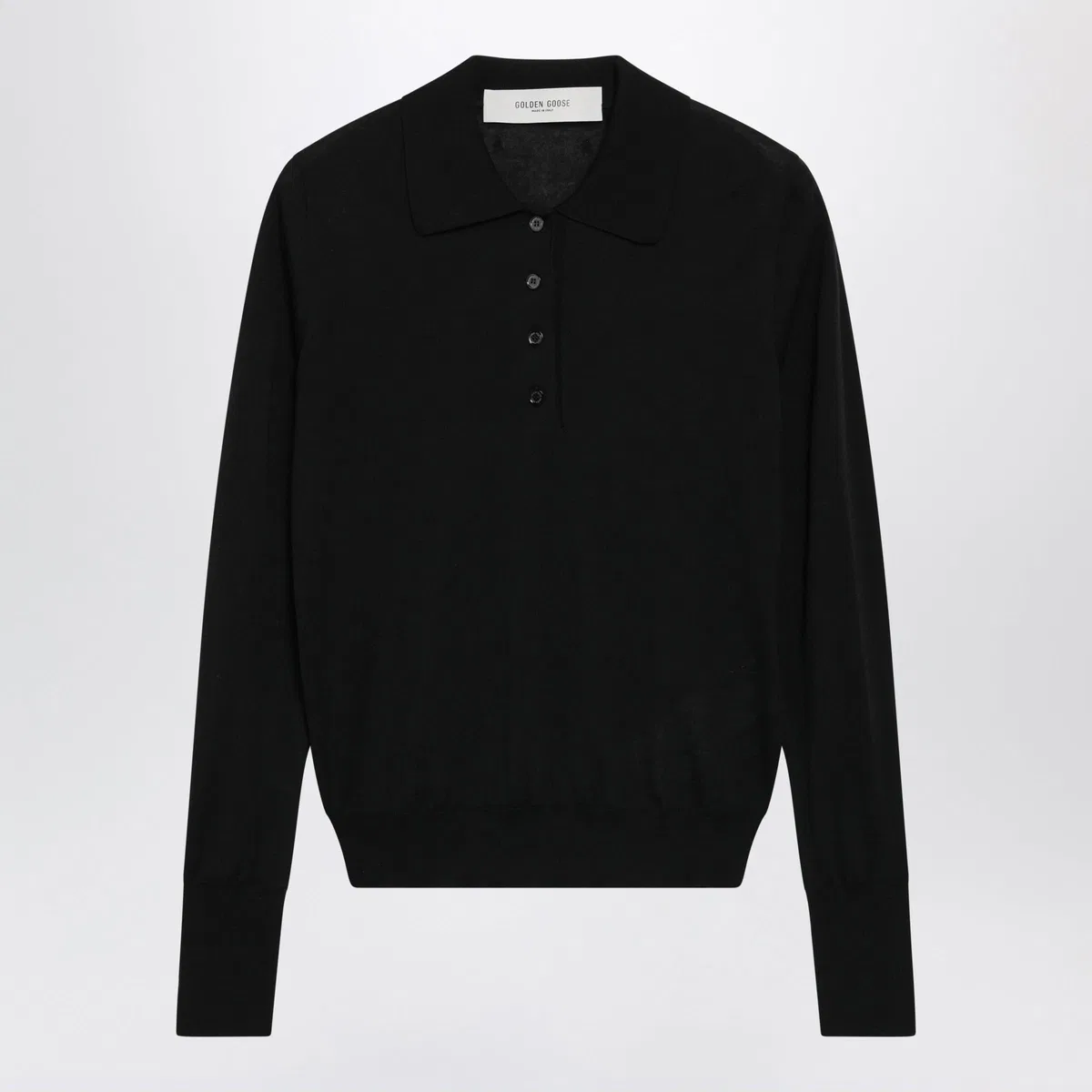 Black Virgin Wool Long-Sleeved Polo Shirt