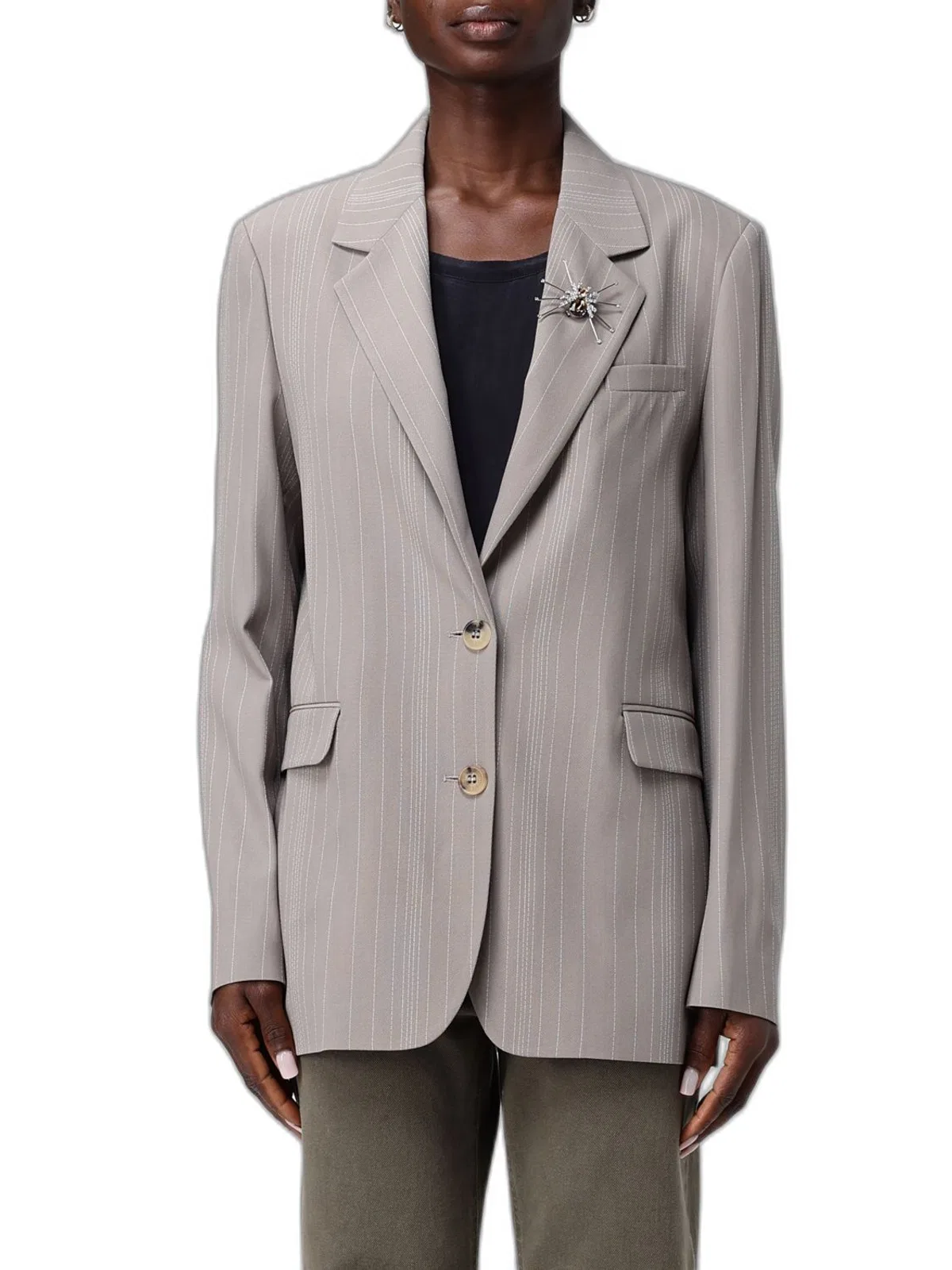 Pinstripe Oversized Wool Blend Blazer With Broche