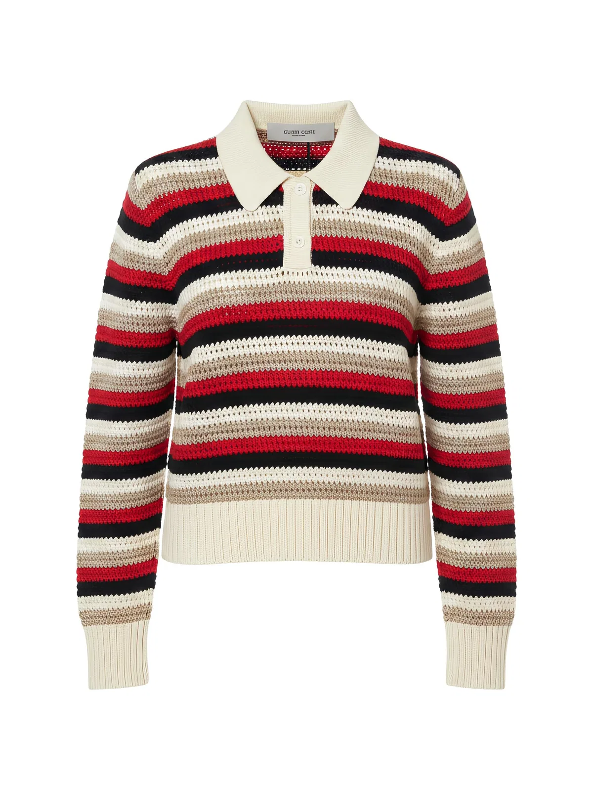 Cotton Polyamide Spandex Striped Crochet-Knit Polo Top