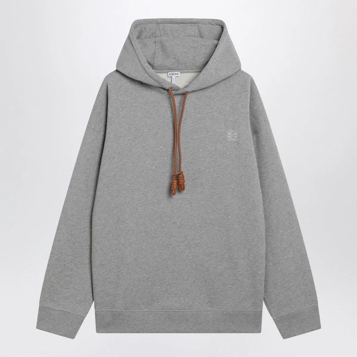 Grey Mélange Relaxedfit Hoodie With Leather Drawstring