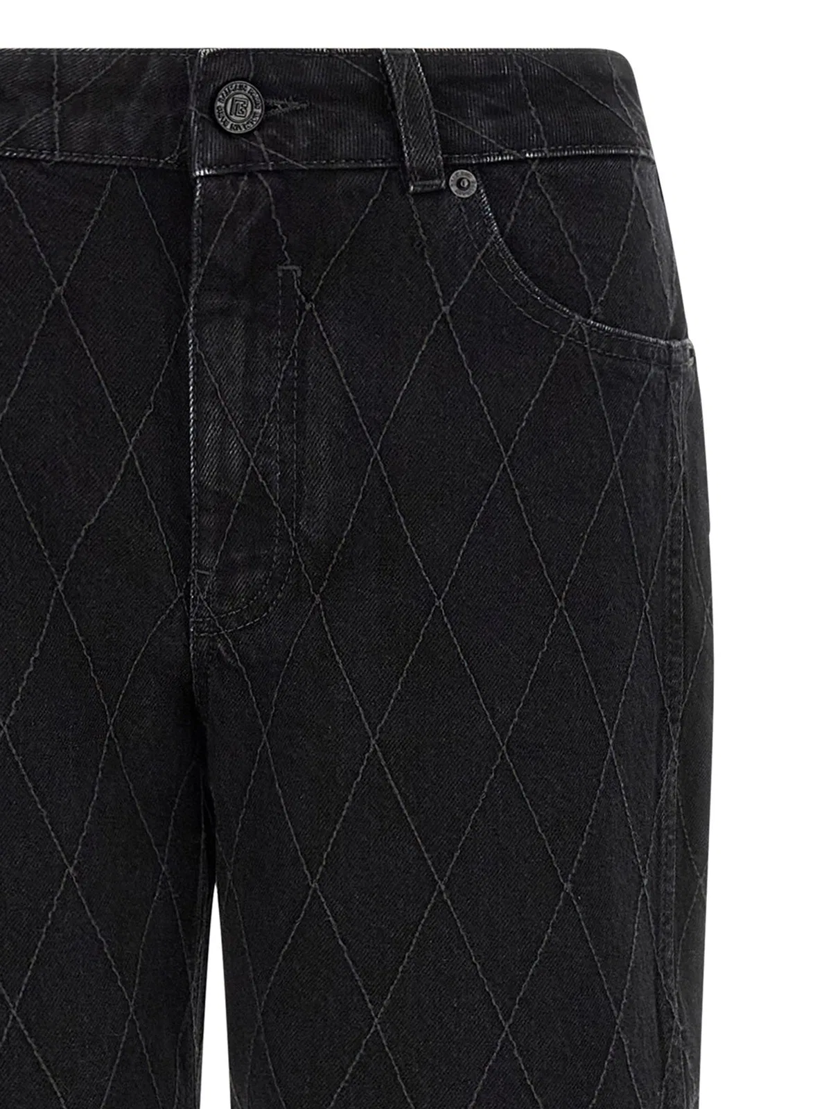 Balmain High Waist Quilted Wide Leg Denim Jeans In Black