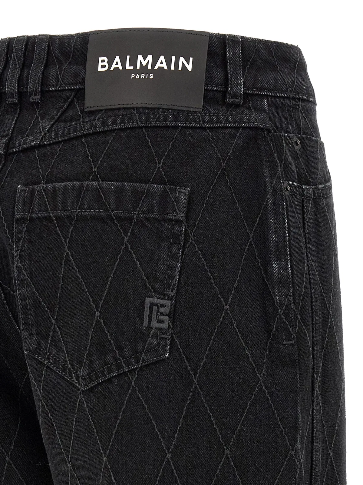 Balmain High Waist Quilted Wide Leg Denim Jeans In Black