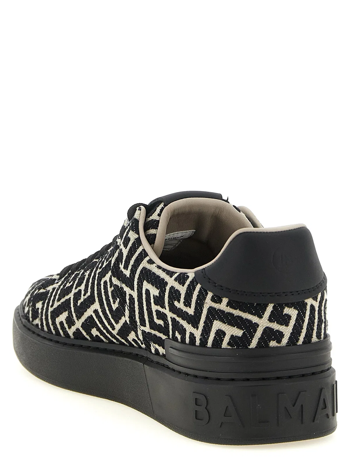 Balmain B-court Sneakers In Leather And Monogram Jacquard In Black