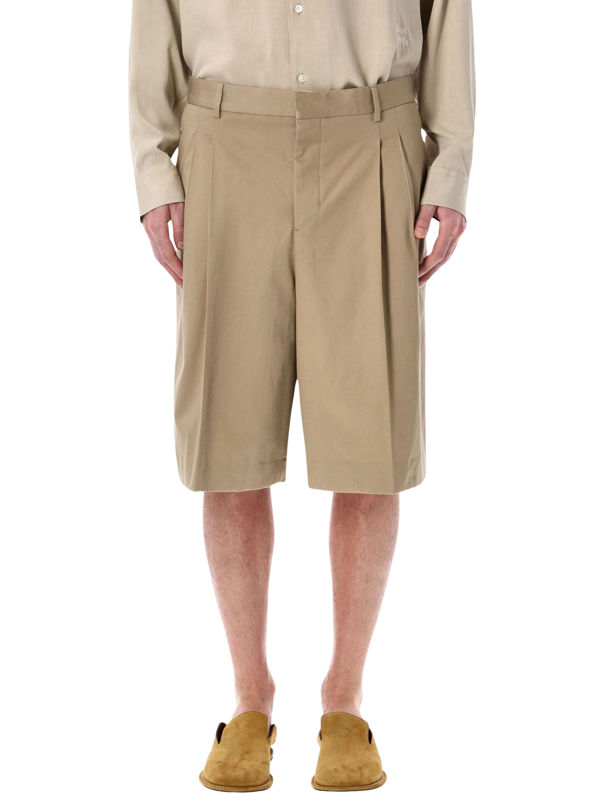 Beige Pleated Bermuda Shorts In Cotton