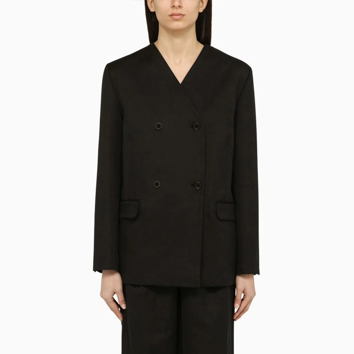 Black Double-Breasted Jacket In Cotton And Linen