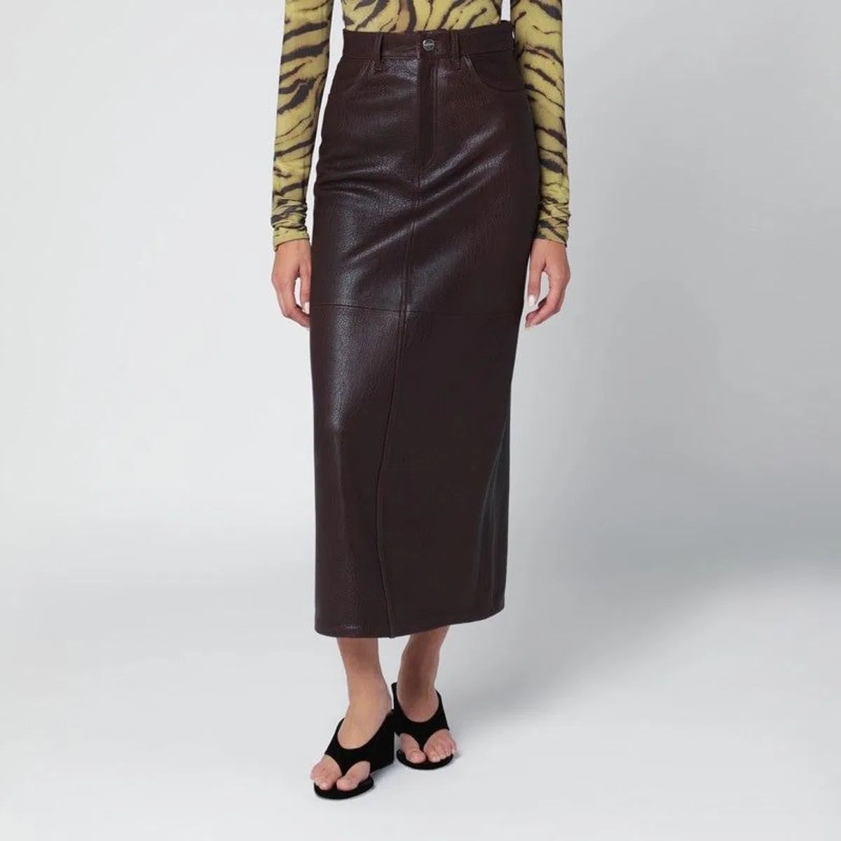 Burgundy Leather Midi Skirt