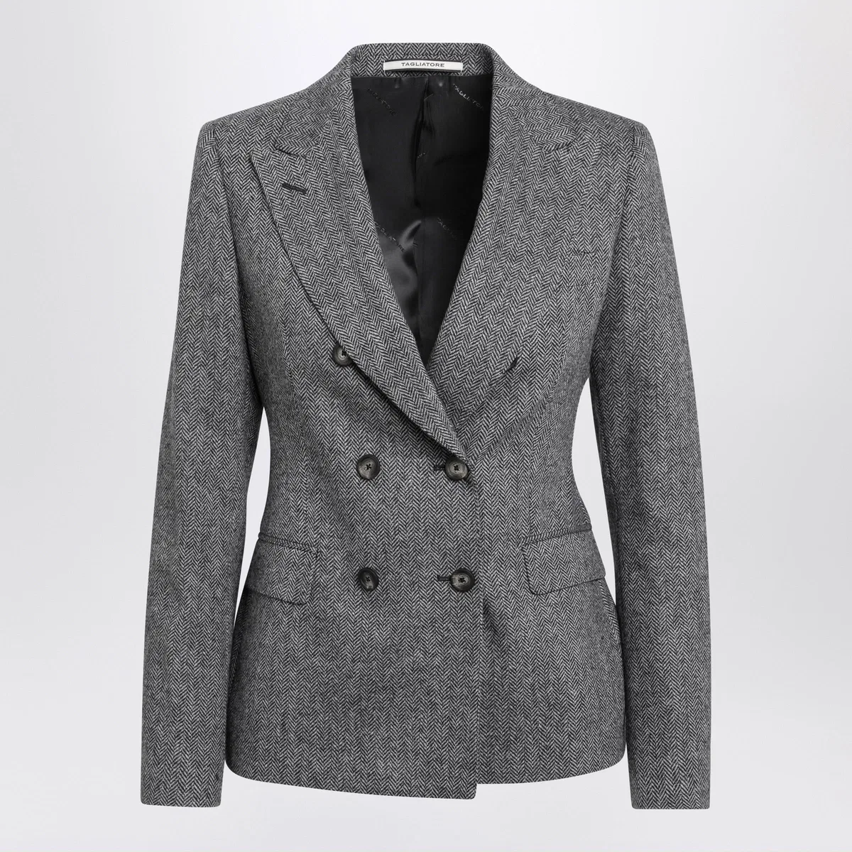 Double-Breasted Black Herringbone Wool And Cashmere Jacket