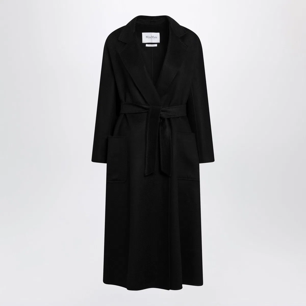 Max Mara Long Belted Jacket Lapel Collar Pockets In Black