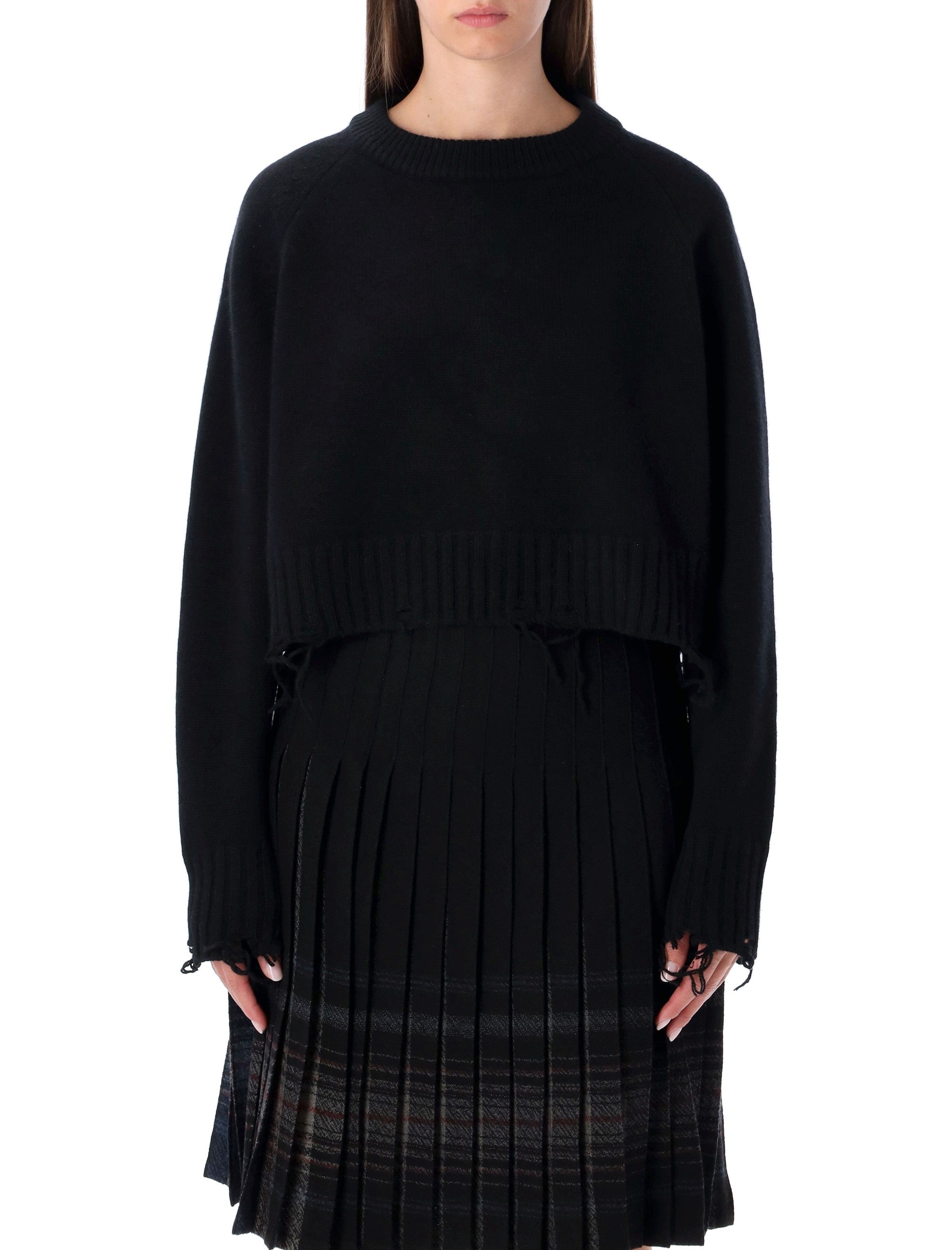 Damaged Wool Blend Cropped Pullover Black