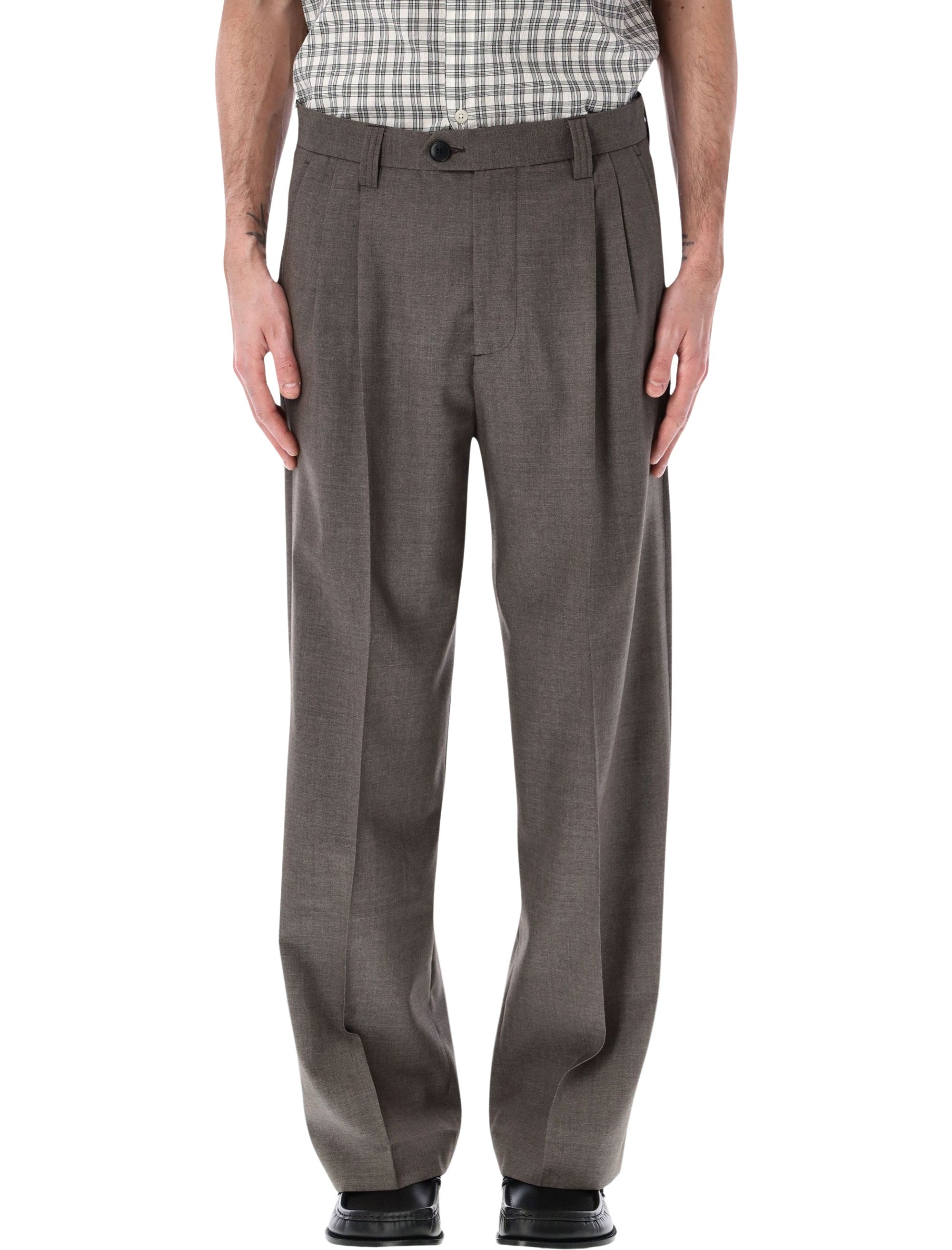 Classic Light Taupe Wide Straight Wool Trousers