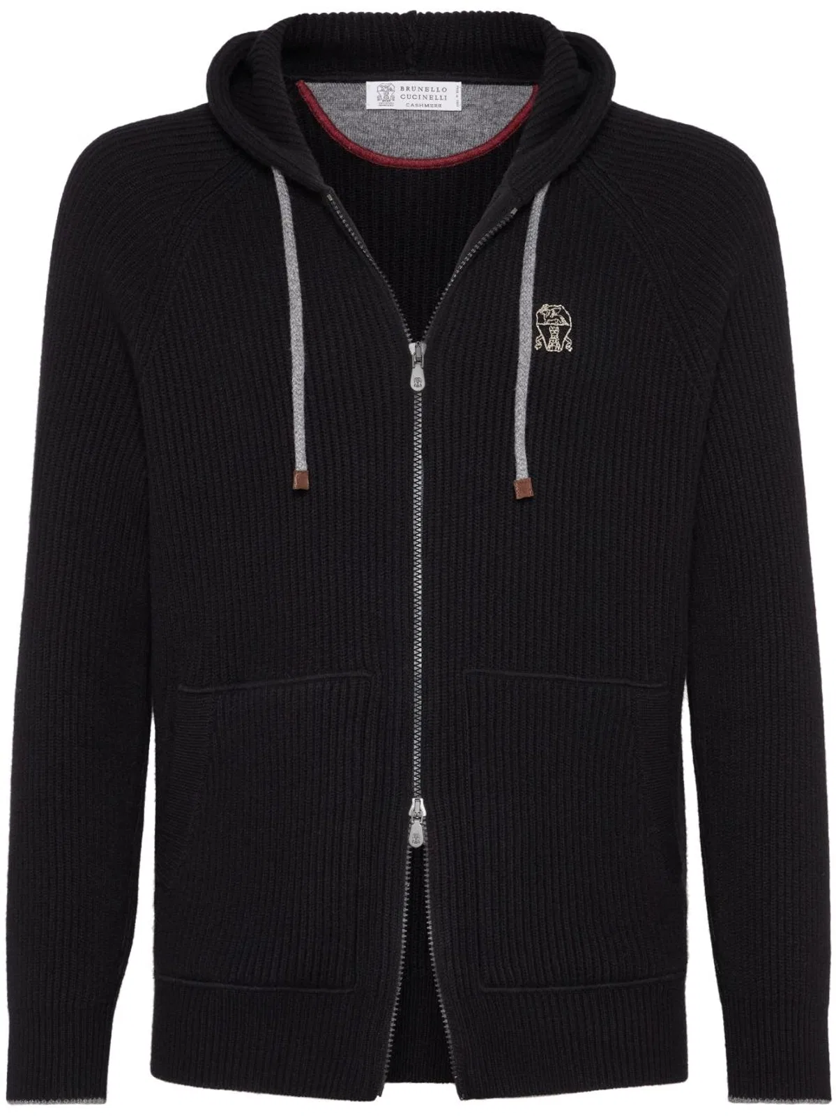 Black Brunello Cucinelli Mens Ribbed-Knit Cashmere Zip-Up Hoodie Featuring An Embroidered Chest Logo