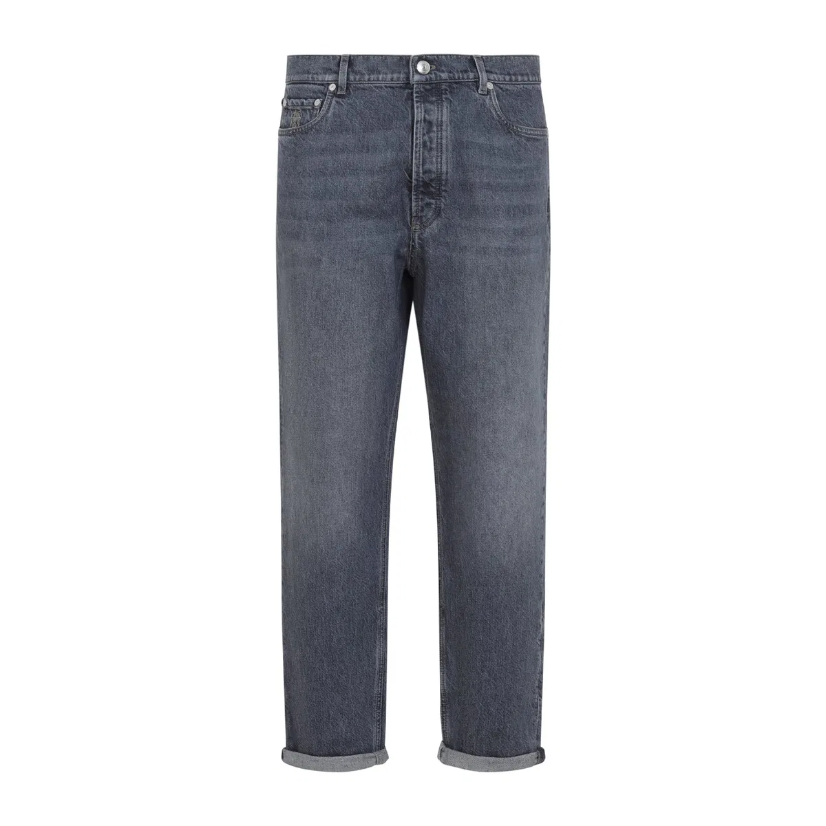 Medium Grey Brunello Cucinelli Mens Straight-Leg Greyscale Denim Five-Pocket Jeans With A High-Waisted Cut.