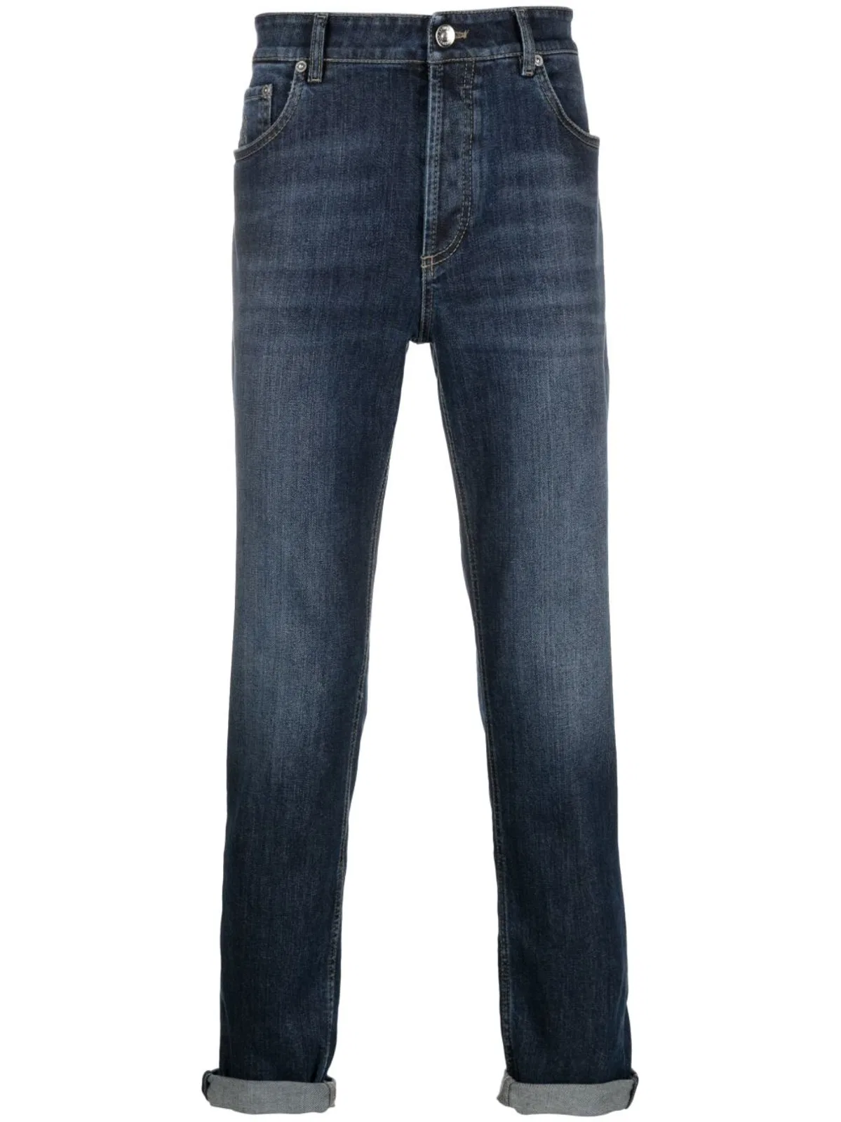 Mens Mid-Rise Stretch Denim Straight Jeans In Dark Blue With An Engraved Leather Patch