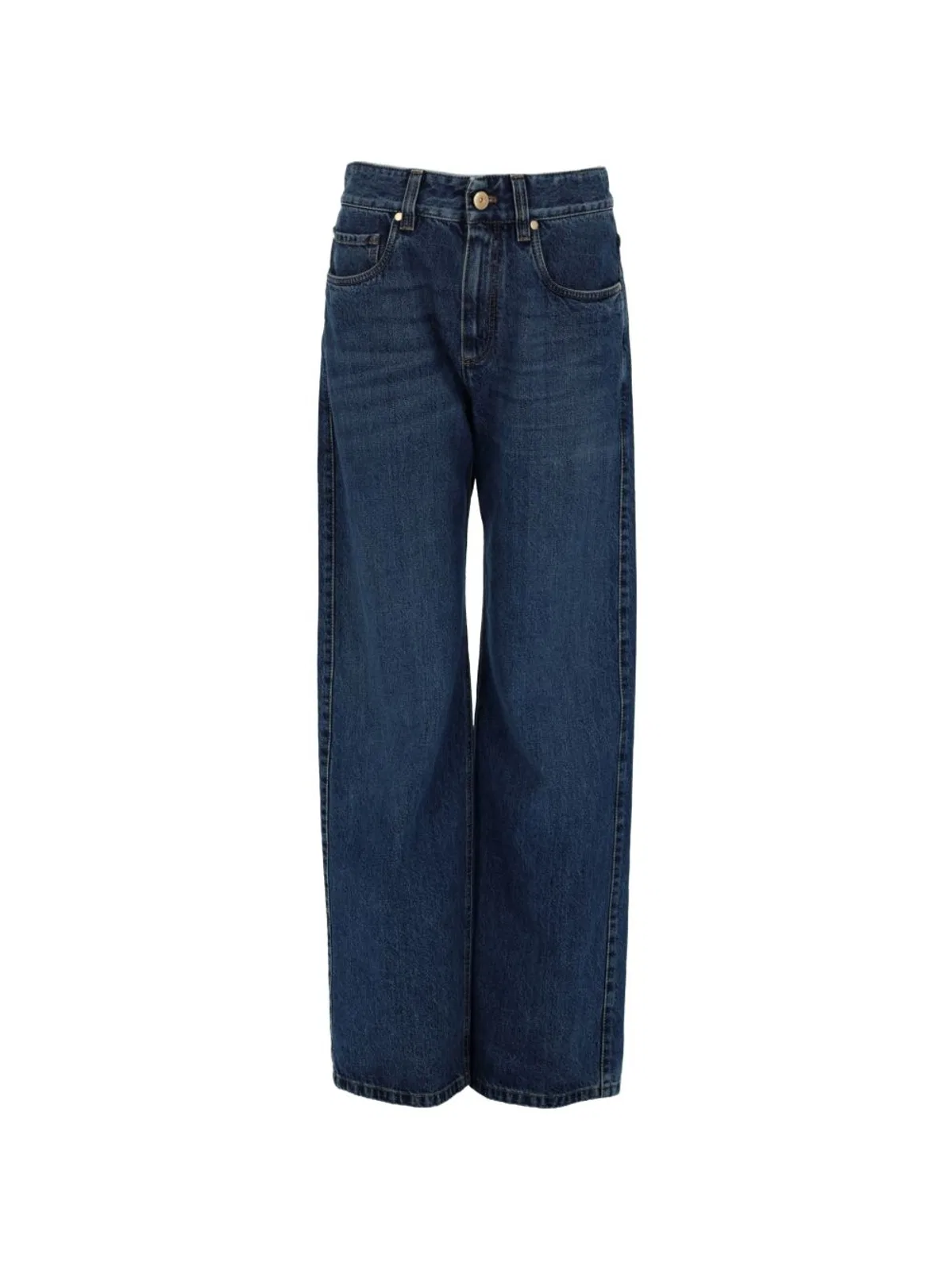 Blue Brunello Cucinelli Womens Wide-Leg Cotton Denim Jeans Featuring A Faded Effect And Monili Trim