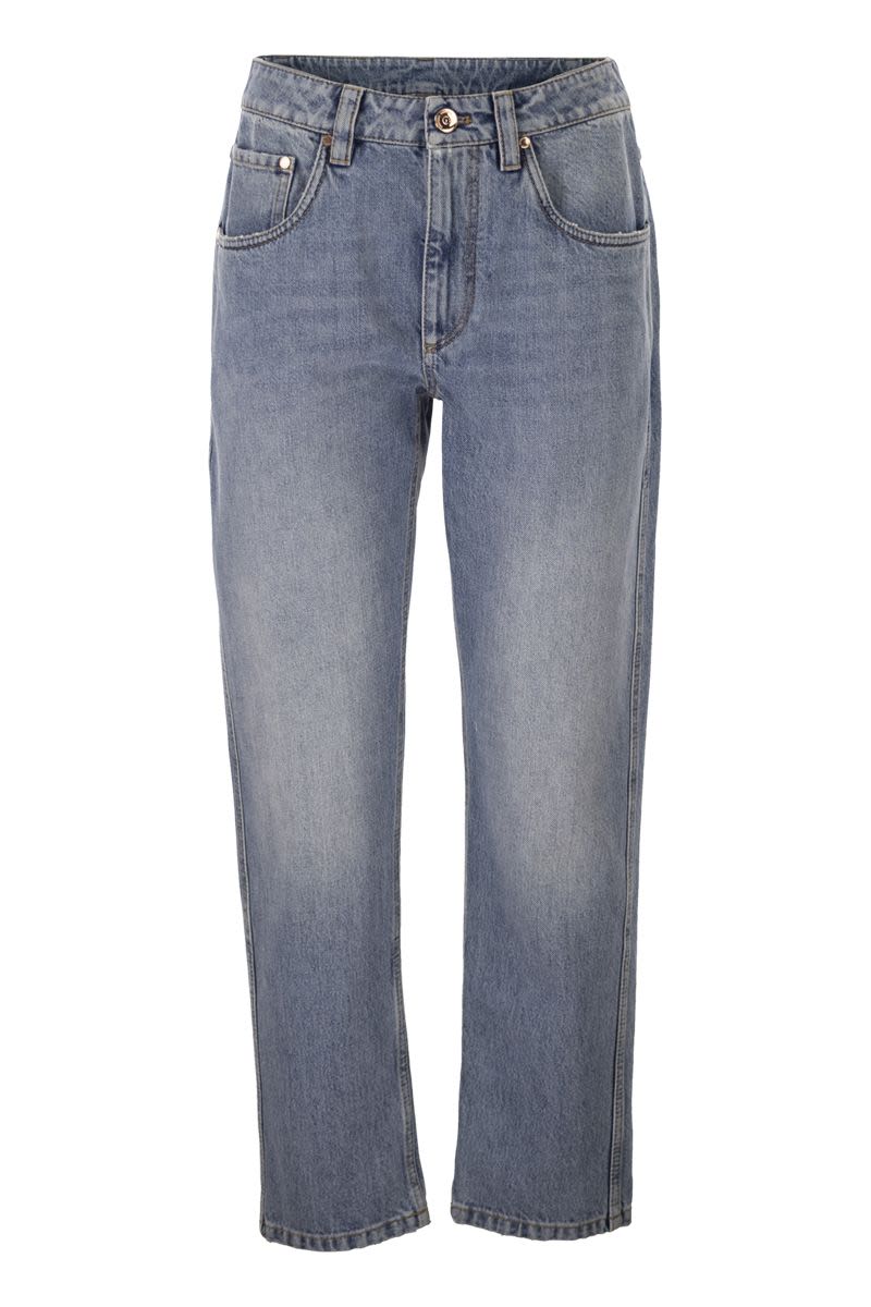 Straight Trousers In Authentic Denim With Shiny Bartack