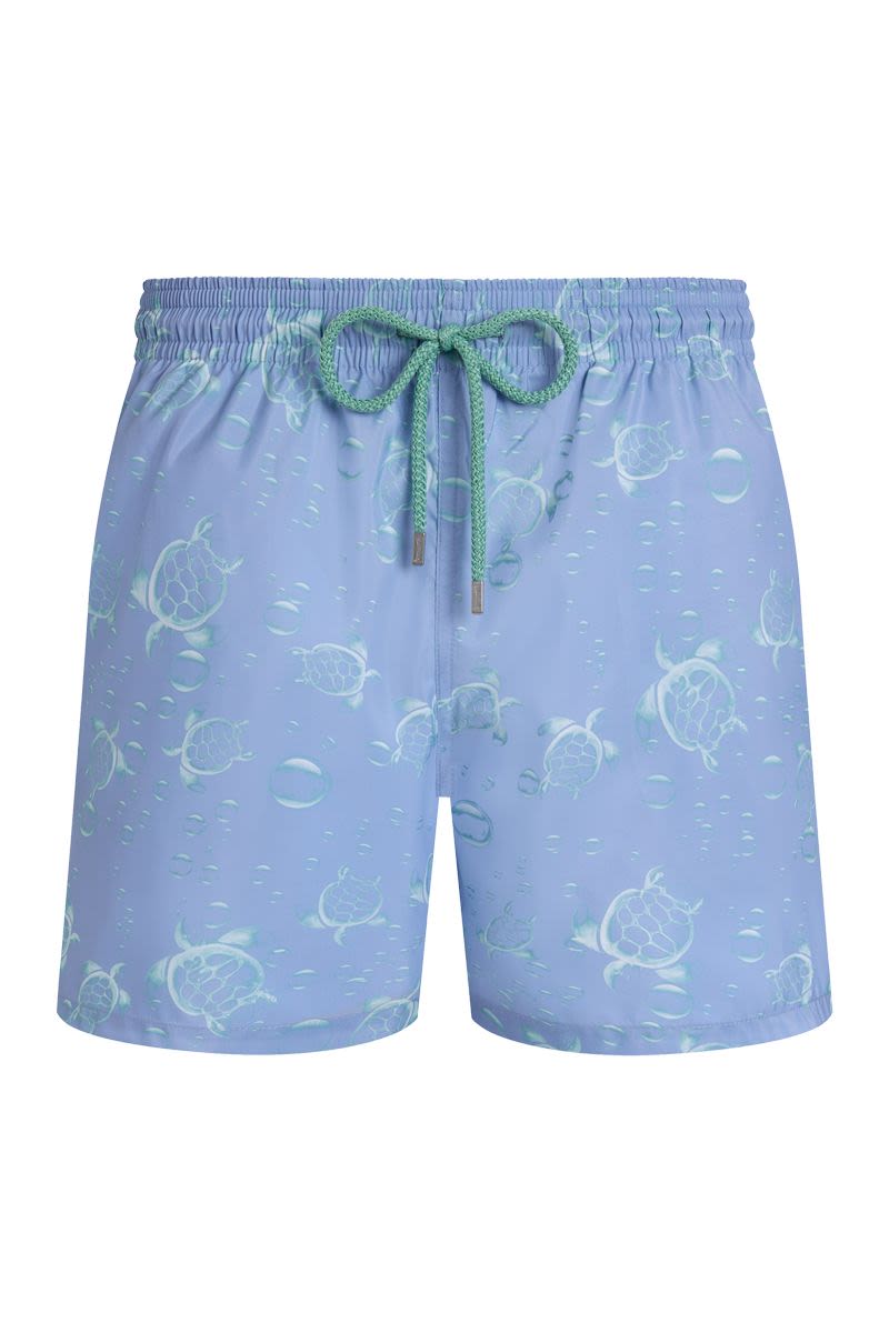 Men’s Swim Shorts With Turtle And Water Bubble Print And Matching Pouch