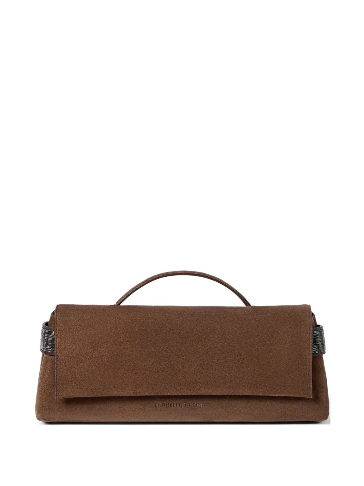 Caramel Brunello Cucinelli Essence Suede Clutch Featuring A Single Top Handle And Side Monili Embellishments