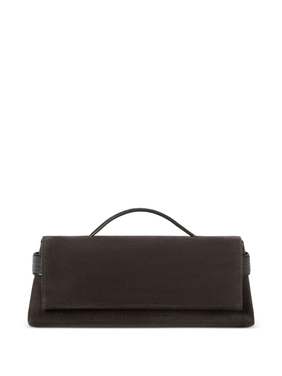 Brown Brunello Cucinelli Essence Suede Clutch Featuring A Single Top Handle And Side Monili Embellishments
