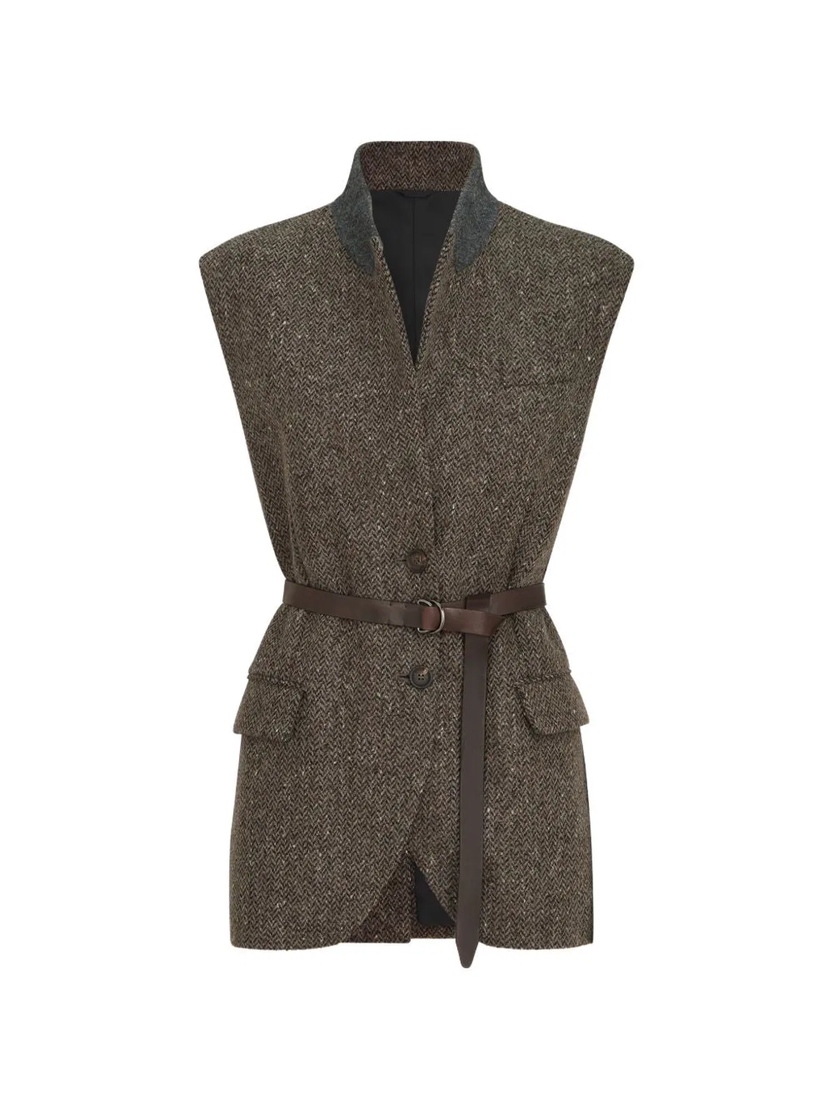 Brown Brunello Cucinelli Chevron Virgin Wool Belted Sleeveless Blazer Featuring A Signature Monili Detail