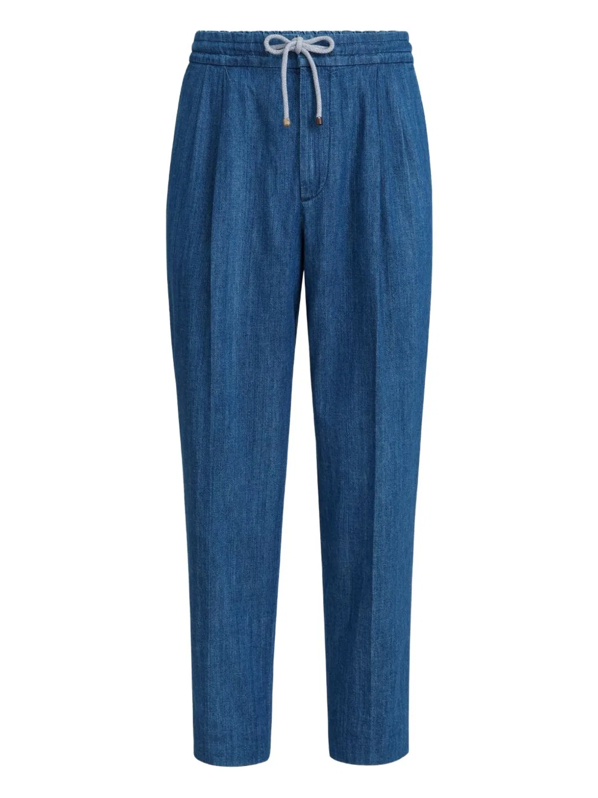 Lightweight Denim Trousers With Drawstring And Double Pleats