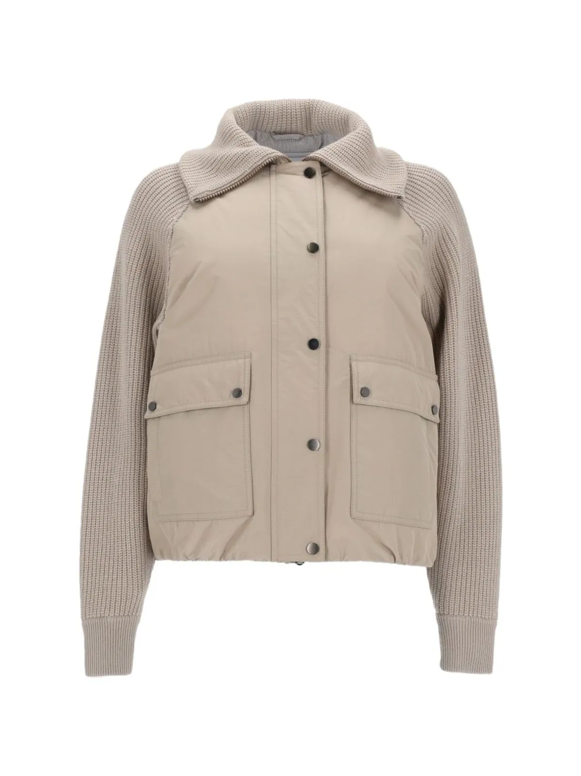 Beige Brunello Cucinelli Ribbed-Knit Panelled Down Jacket Featuring Flap Pockets And Monile Zipper Detail.
