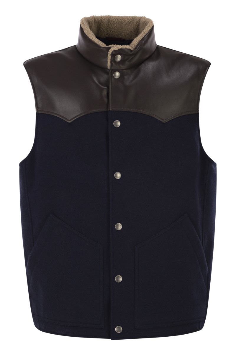 Wool Padded Gilet With Leather Trims And Shearling Collar
