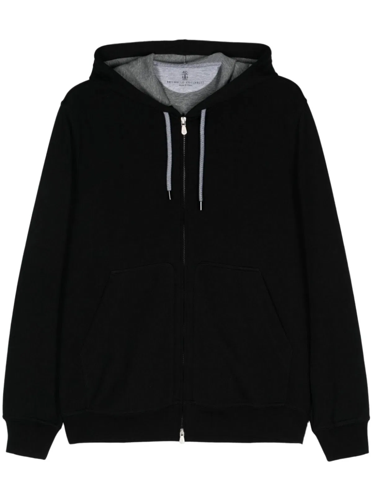 Black Brunello Cucinelli Mens Cotton-Blend Zip-Up Hoodie Featuring Cashmere, Silk, And Kangaroo Pockets