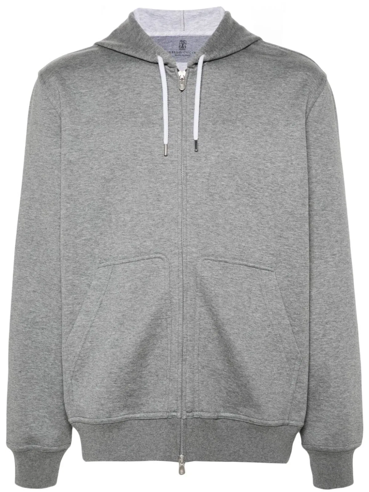 Grey Melange Brunello Cucinelli Mens Cotton-Blend Zip-Up Hoodie Featuring Cashmere, Silk, And Kangaroo Pockets