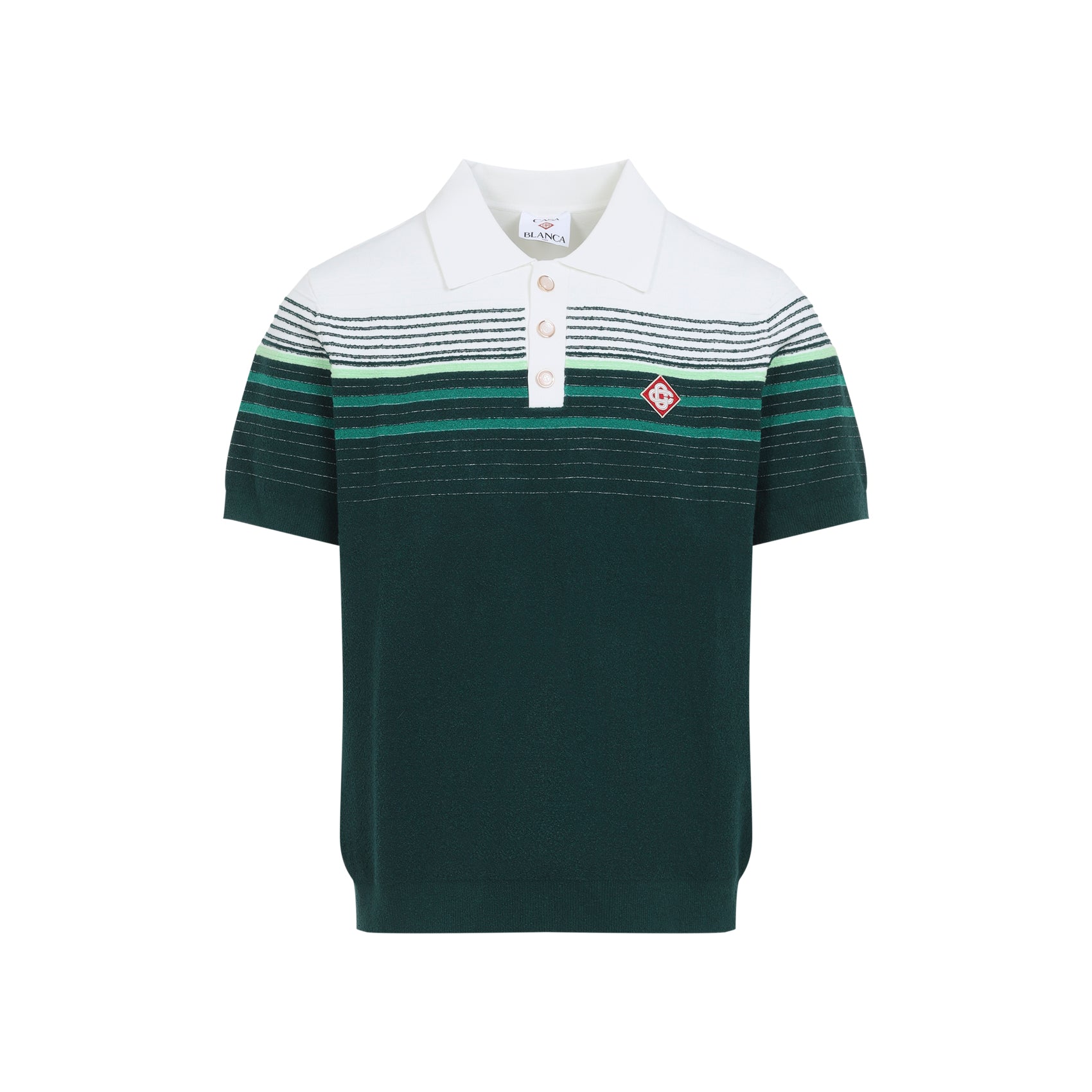 White Green Short-Sleeve Boucle Stripe Knitted Polo