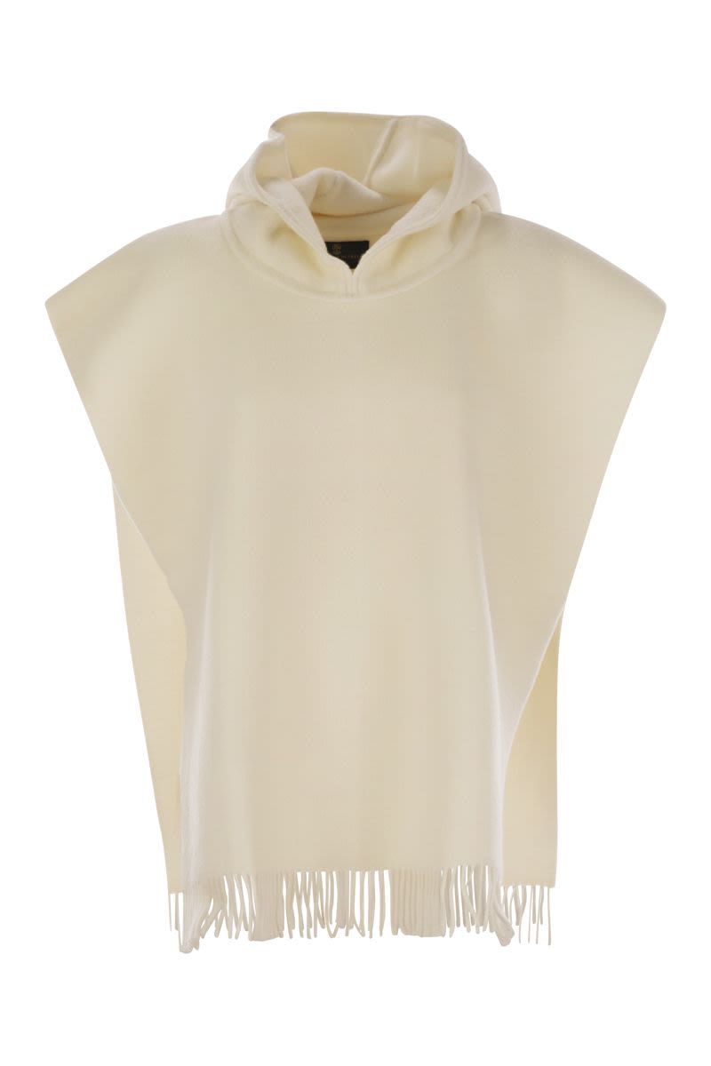 Double Knit Wool And Cashmere Poncho With Hood And Fringes