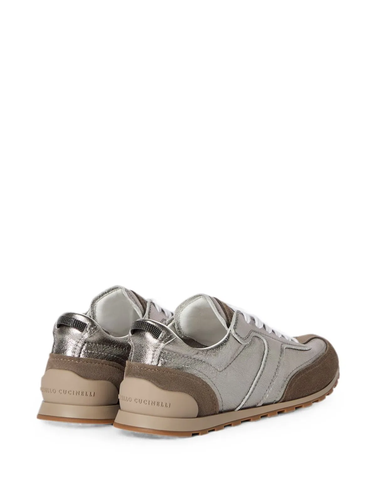 Brunello Cucinelli Monili Pull-tab Crinkle-effect Leather Low-top Sneakers In Silver