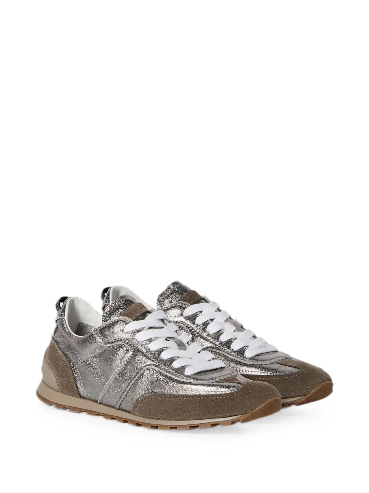 Brunello Cucinelli Monili Pull-tab Crinkle-effect Leather Low-top Sneakers In Silver