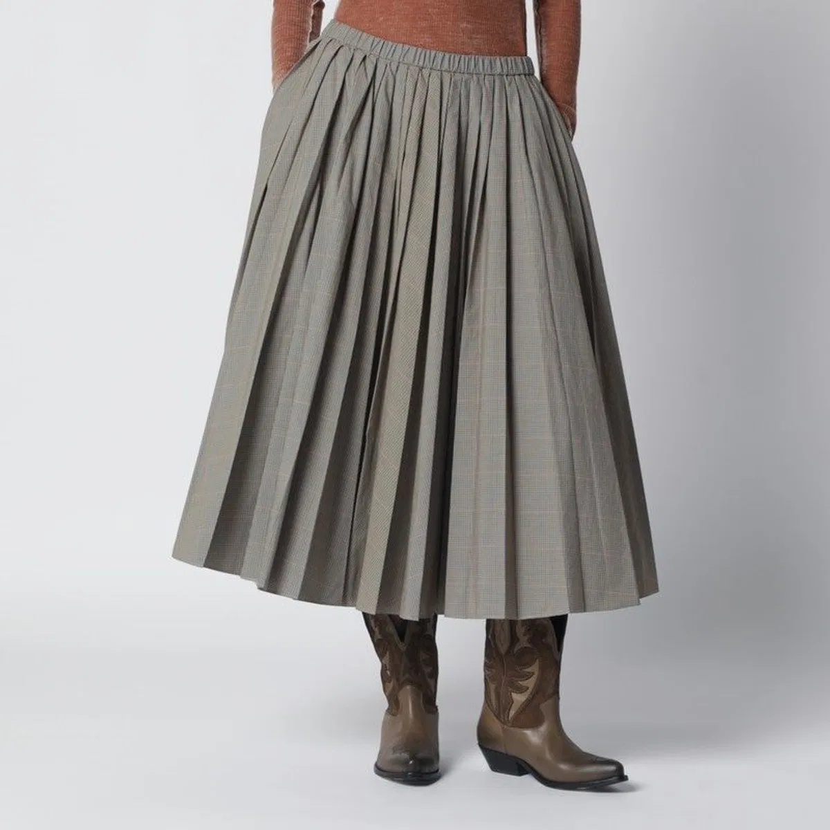 Checked Pleated Midi Skirt