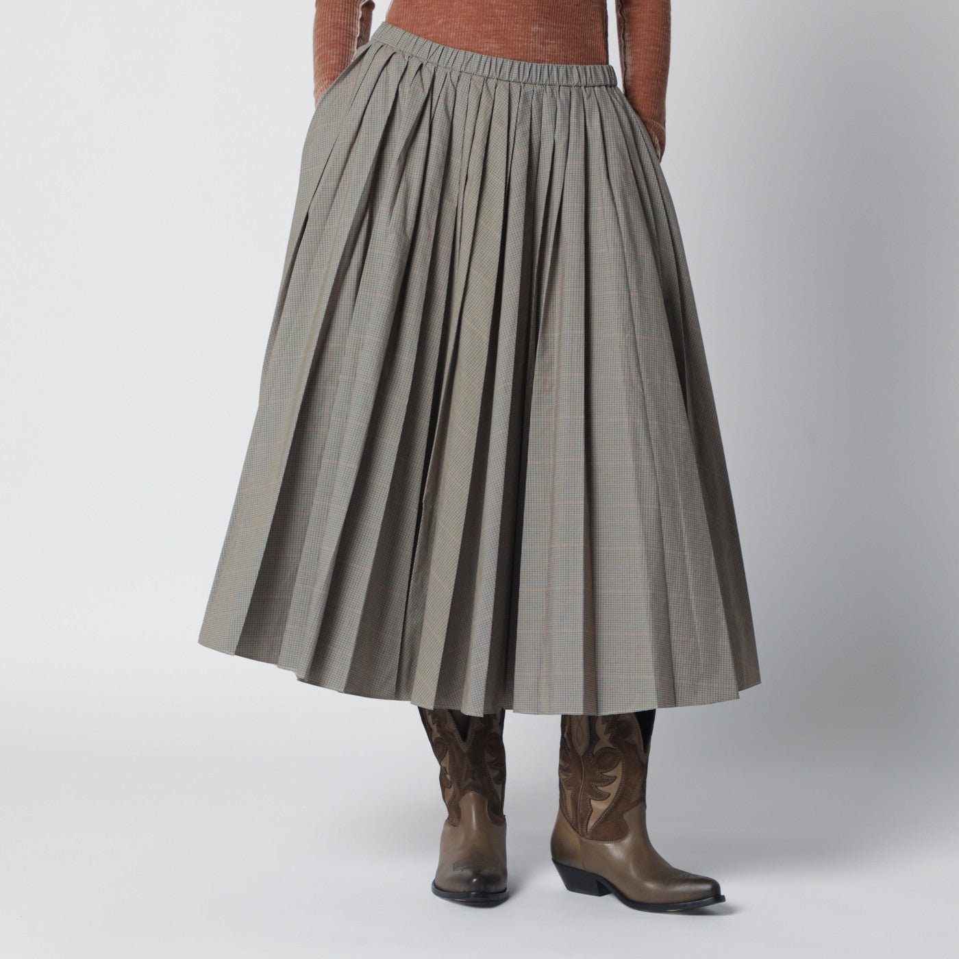 Checked Pleated Midi Skirt