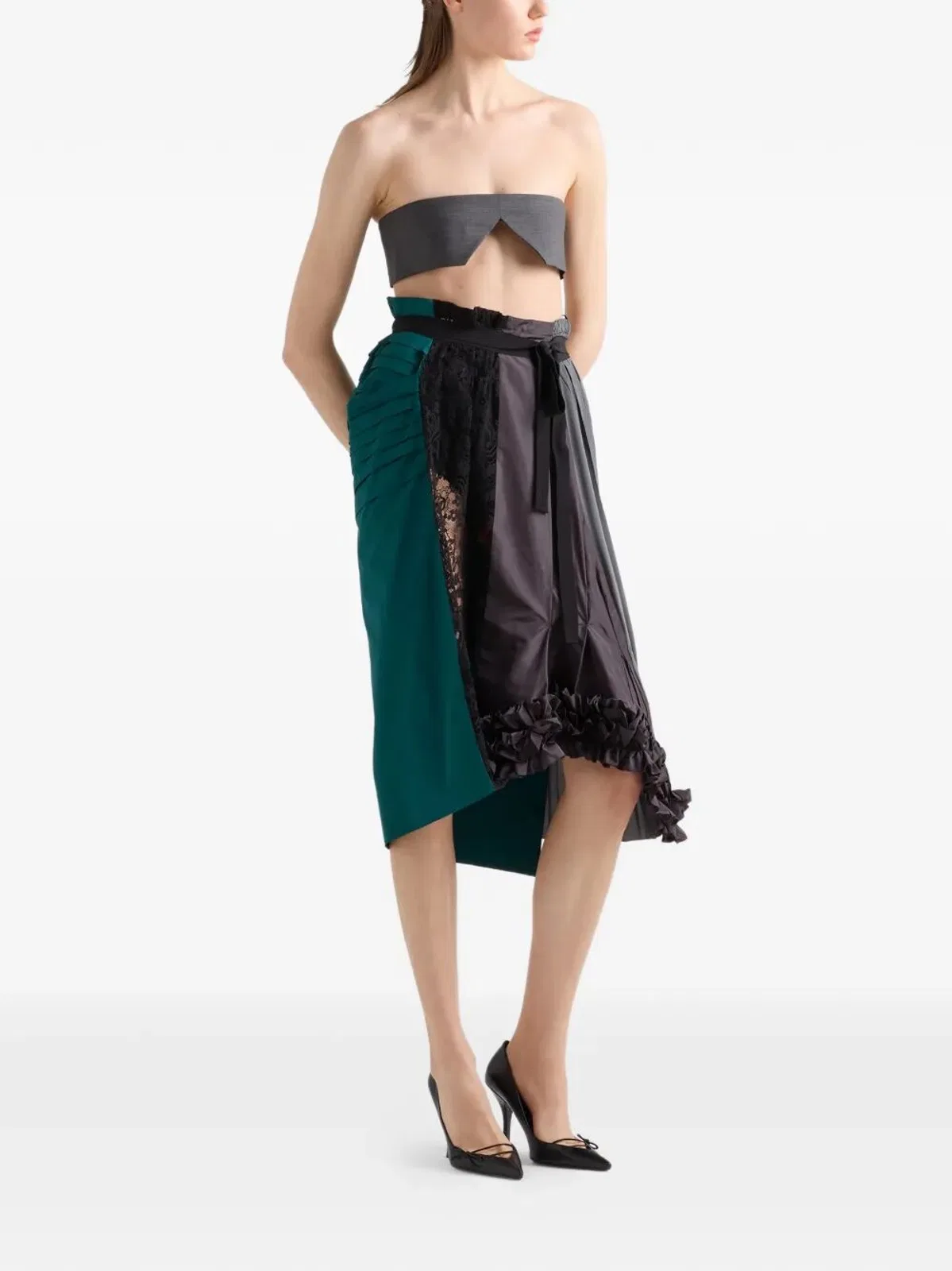 Prada Technical Taffeta Patchwork Skirt In Gray