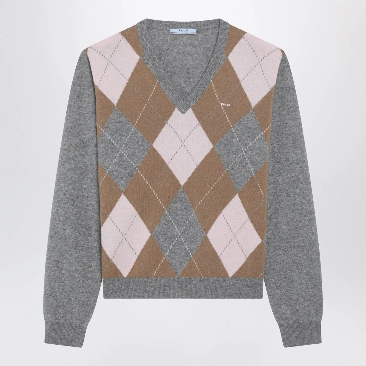 Prada Argyle-pattern V-neck Cashmere Sweater In Gray