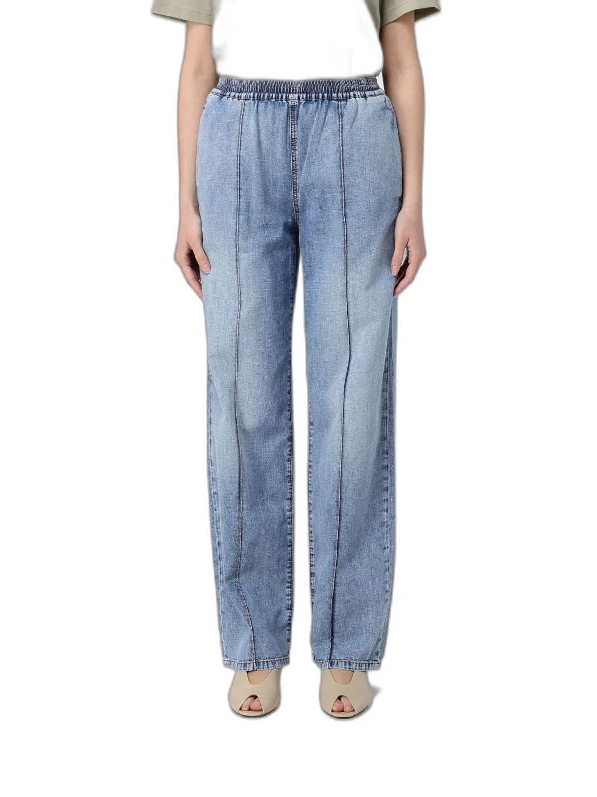 Lightweight Denim Trousers With Elasticated Waist And Monile Detail