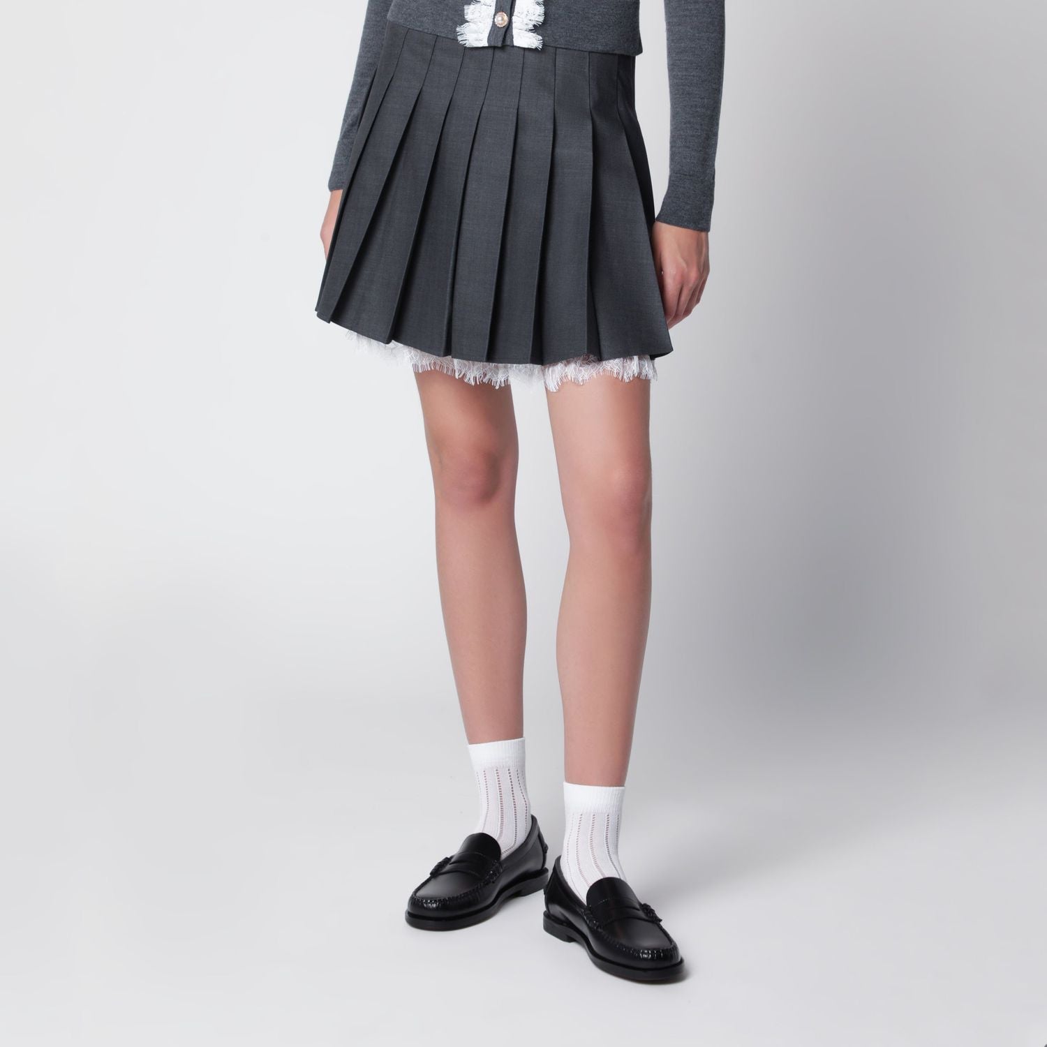 Pleated Wool Mini Skirt With Lace Trim In Grey