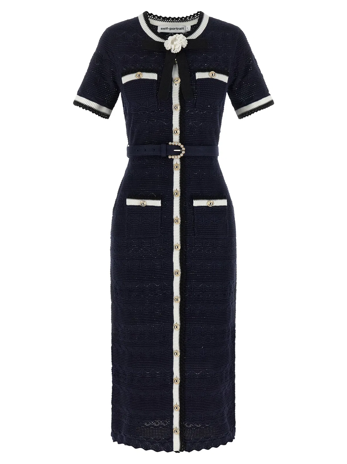 Self Portrait 'Navy Pointelle Knit Midi' Dress