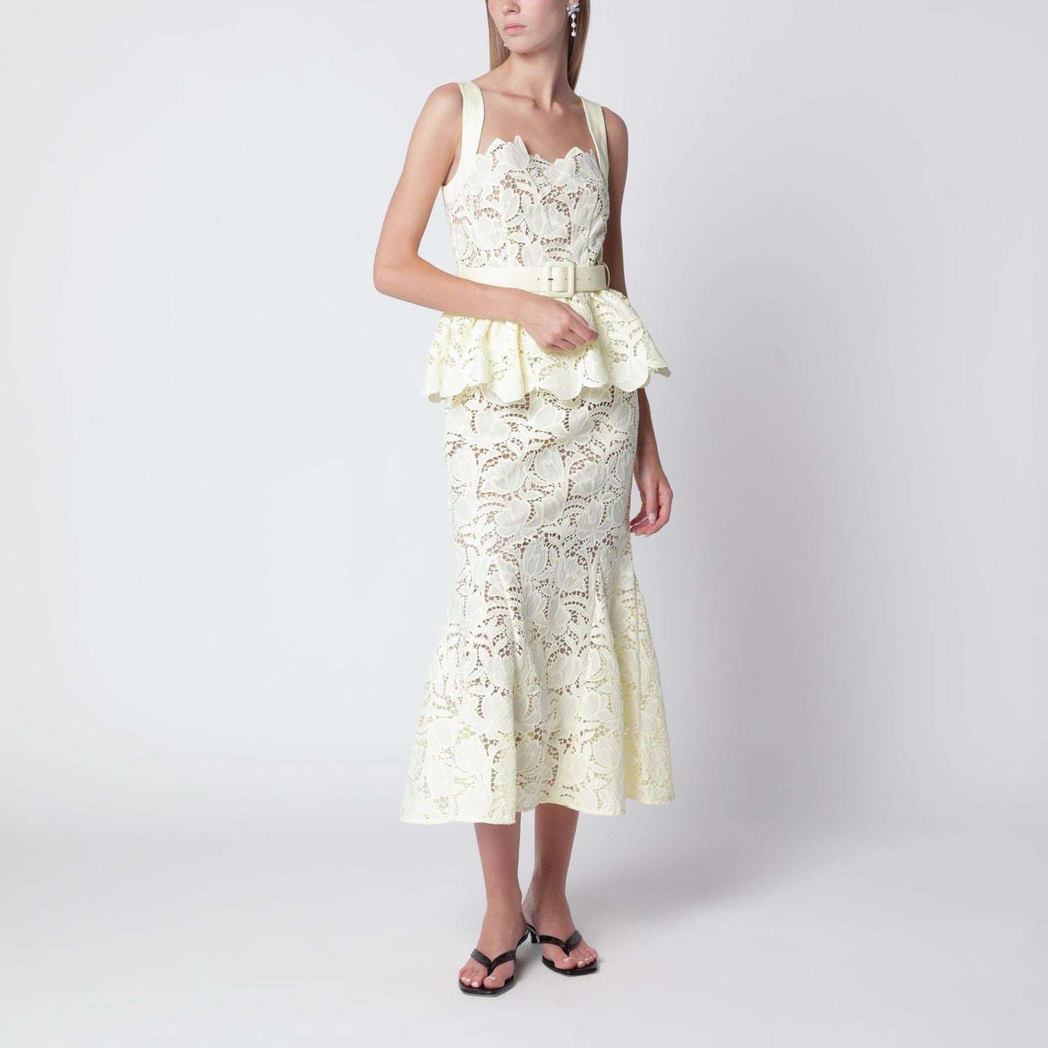 Yellow Peplum Midi Lace Dress