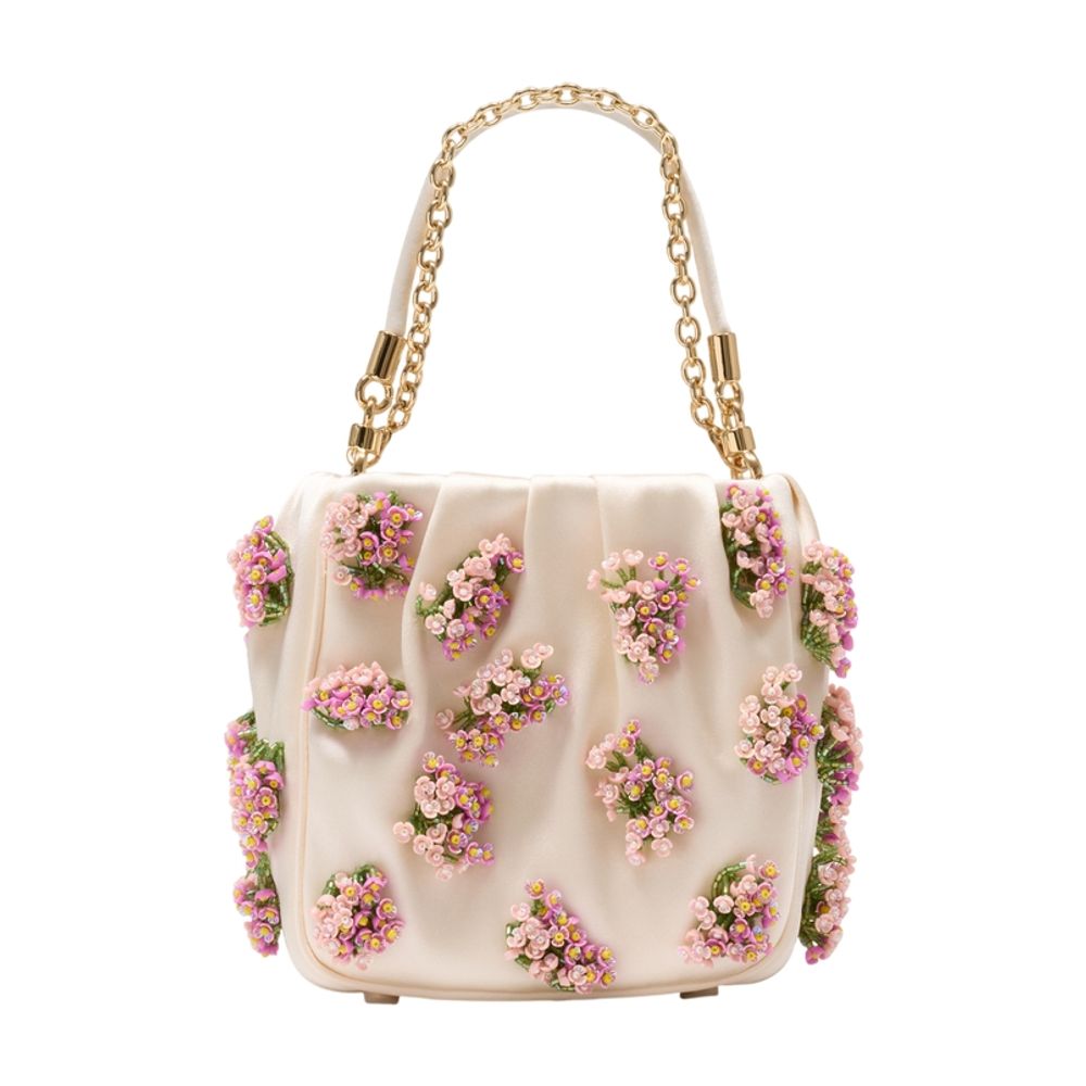 Floral Beaded Bag - - Raffia - Beige