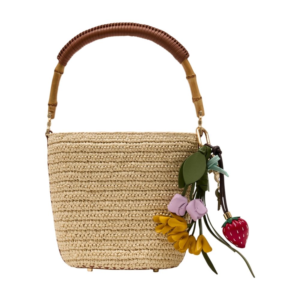 Charm Bucket Bag - - Raffia - Brown