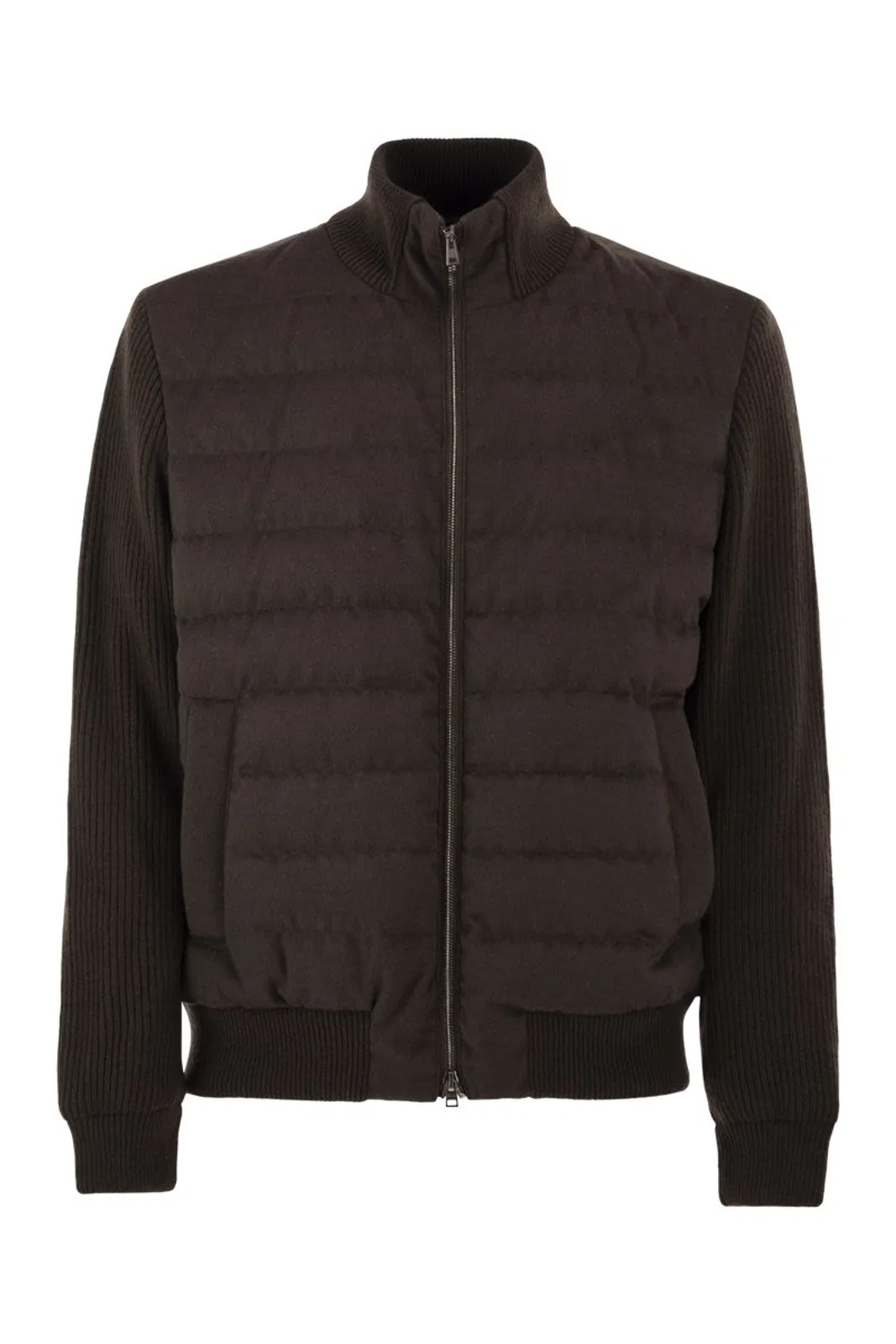 Quilted Knit And Fabric Jacket With High Collar