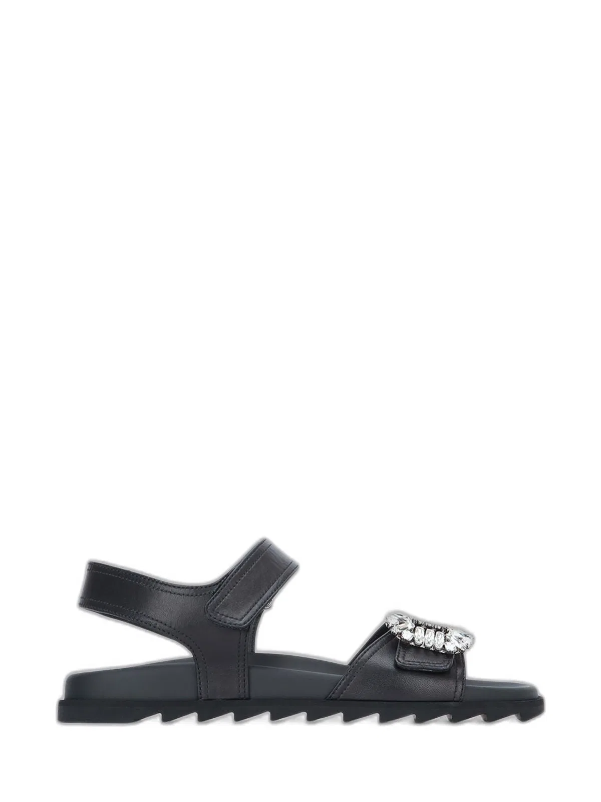 Black Leather Sandals With Crystal Buckle
