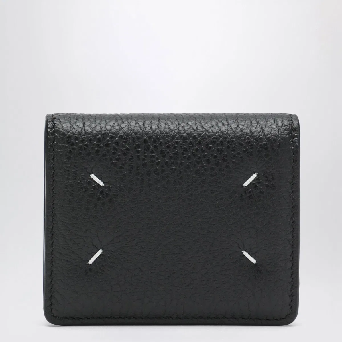 Four Stitches Compact Grained Leather Card Holder In Black