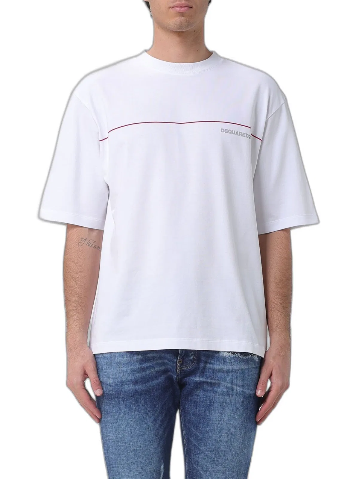 Dsquared2 Men White Crewneck T-shirt With Logo Lettering On The Front In Cotton Man In White