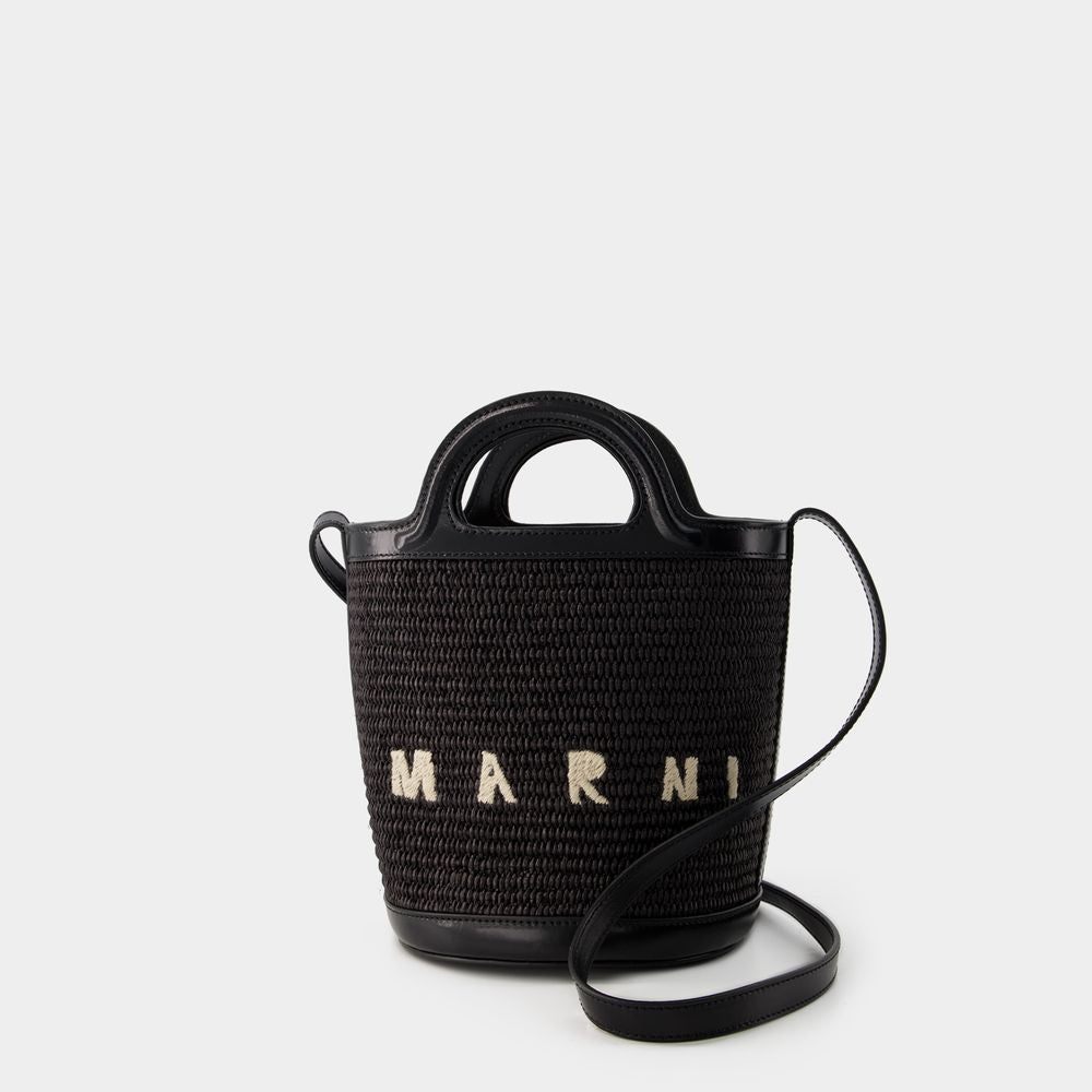 Black Leather And Raffia Tropicalia Bucket Bag