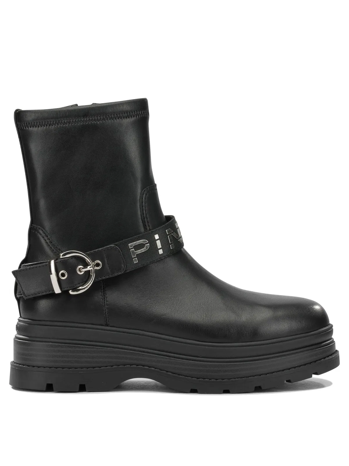 Pinko Ankle Boots With Silver Buckle And Sturdy Sole In Black
